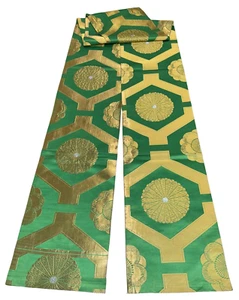 Japanese Vintage Kimono Maru Obi silk green embroidery Reversible 159x12.2in - Picture 1 of 23