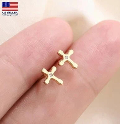 Moda Mujeres Plata de Ley 925 Tachuelas Simple Cruz de Jesús Mini Pendientes 0447 Foto 1 de 3
