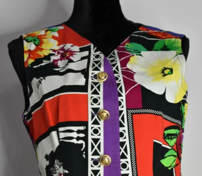 范思哲 Jeans Couture 尺寸 44 IT 多彩大胆花卉夏威夷背心美杜莎纽扣 — 第 1/4 张图片