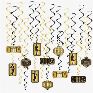 "Jazz Age Jubilee" - 24 Piece Swirling 1920s Party Decorations in Black and Gold - Picture 1 of 7