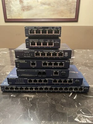 NETGEAR LOT 7 GIGABIT INTERNET SWITCH MODEL DS116 SW108 PE102 RP114 FS105 GS105 - Image 1 of 3