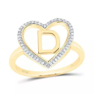10K Yellow Gold Diamond Women's Block Letter D Initial Heart Frame Ring 1/10 CT - Picture 1 of 1