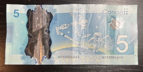 0004645 Low Fancy Serial Number - $5 Five Canada Dollar Bill 2013 - Exact Bill Cover