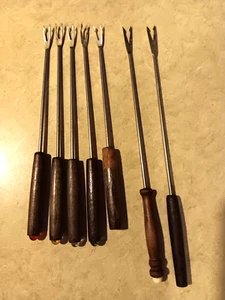 Fondue Forks 7 Wooden Handles Color Tips Vintage - Picture 1 of 4