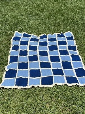 Manta afgana cuadrada abuela azul de colección grande hecha a mano ganchillo talla Queen 69x57 Foto 1 de 4