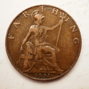 1911 Great Britain 1 FARTHING FREE SHIPPING M4468 - Picture 1 of 2
