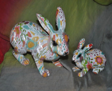 Decoupage Multicolor Floral Rabbit Figurine S/2 MOTHER & Baby SPRING LIFE SIZE L