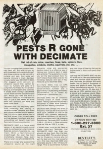 Anuncio impreso vintage 1984 Bentley's For Better Living Pest R Gone with Decimate - Imagen 1 de 2