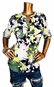 Ellen Tracy M Top Floral 1/2 Logo Button Up Blouse Stretch 3/4 Slv V Neck Tunic - Picture 1 of 10