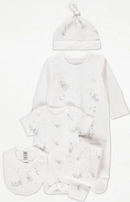 Up 6lbs Winnie The Pooh 5 Pc Starter Set~ Sleepsuit ,Bottoms,Bodysuit,Bib & Hat - Image 1 of 4