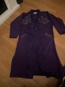 Vintage verwaschen blau SELTEN 80er lila Denim Staubtuch langer Trenchcoat geblendete Perlen! - Bild 1 von 21