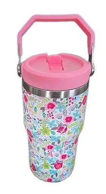 Stainless Steel 20 Oz Tumbler ~ Top Handle ~ FLORAL ~ Coffee Mug w/Flip Straw ~2 - Image 1 of 4