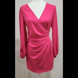 Shein Dress Size Small Hot Pink Balloon Sleeves Ruching Back Zip - Picture 1 of 15