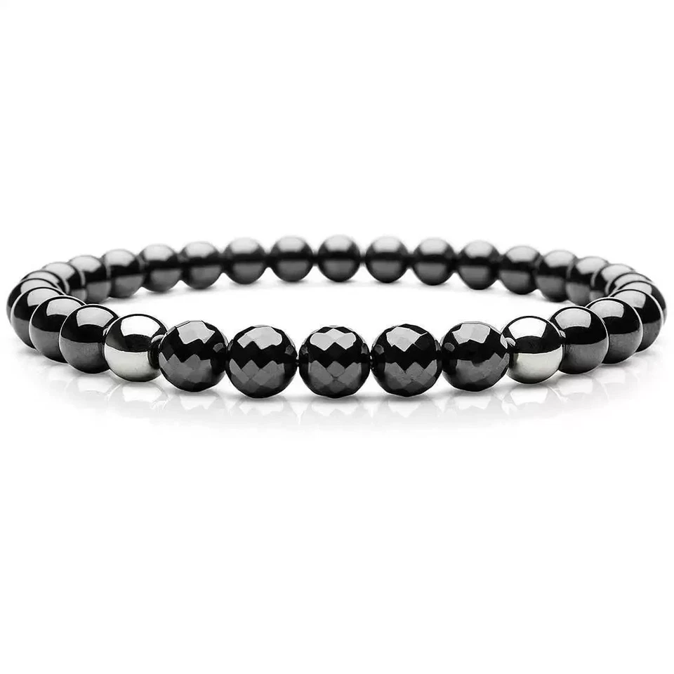 Bracciale Nero Pietre dure Onice e Perle in Acciaio inox braccialetto Uomo Donna - Immagine 1 di 4