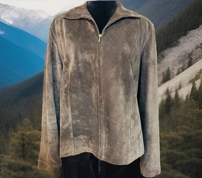 Chaqueta Chico's Talla 2 Misses Talla 12 Marrón Gamuza Corta Cremallera Completa Clásica Foto 1 de 4