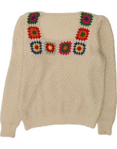 VINTAGE Womens Boat Neck Jumper Sweater UK 14 Large Beige Floral Acrylic DE27 - Picture 1 of 3
