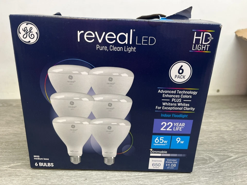 GE Reveal 6-Pack 65 W Equivalent Dimmable BR30 LED Light Bulbs - NEW/OPEN BOX - Image 1 of 2