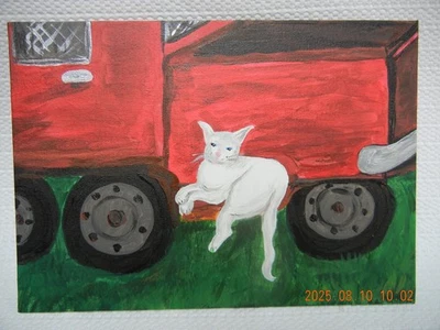 Camión rojo original de 5 x 7 pulgadas con pintura de gato blanco ÚNICO EN SU CLASE, Luma el gato durmiendo Foto 1 de 4