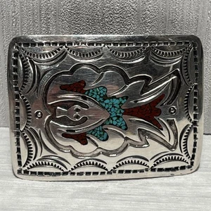 Vintage Signed Native American Silver Turquoise & Coral Chip Inlay Belt Buckle - Picture 1 of 13