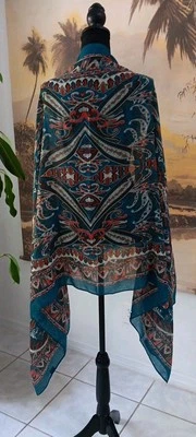 Beautiful Large Scarf, Wrap, Sarong Teal, Rust, Brown Paisley, Floral 69x33 - Image 1 of 4