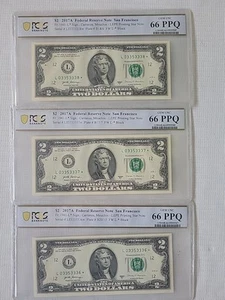 3 Sequential Uncirculated 2017A San Francisco $2 Two Dollar Bills - Picture 1 of 2