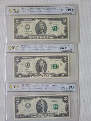 3 Sequential Uncirculated 2017A San Francisco $2 Two Dollar Bills - Image 1 of 2
