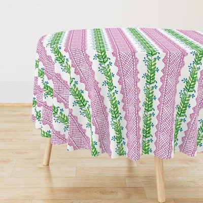 Preppy Pink Stripe Celia Pink Green Printed Round Table Cover, Round Table Cloth - Image 1 of 4