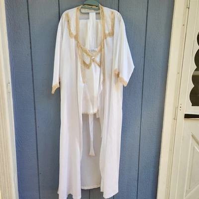 Vtg 60’s Miss Elaine Peignor 3 Piece Set White Robe Camisole PJ Pants Lace Small - Image 1 of 4
