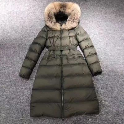 Fox меховой воротник с капюшоном slim fit талии cinched толстый вниз куртка длинное пальто женщин - Изображение 1 из 4