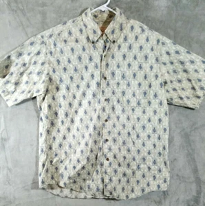 Camicia vintage Woolrich da uomo grande L beige blu allover stampa pesce abbottonata - Foto 1 di 9