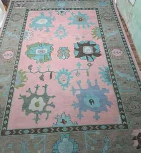 Tappeto moderno rosa Oushak annodato a mano design astratto per soggiorno tappeto personalizzato - Foto 1 di 16