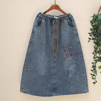 Women's Embroidery A-Line Skirts Denim Elastic Waist Casual Retro Jeans Skirts - Image 1 of 2