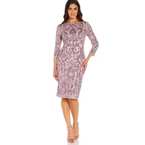 Adrianna Papell Size 4 Rose Pink Stretch Sequin Sheath 3/4 Sleeve Cocktail B19 - Picture 1 of 15