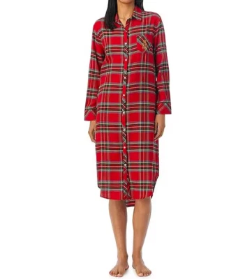 NUEVO CON ETIQUETAS Ralph Lauren ROJO TARTÁN CUADROS FRANELA MAXI Camisón para dormir M BOLSILLOS Foto 1 de 4