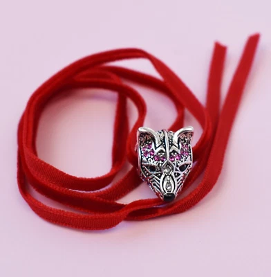 Thin red velvet collar choker necklace with crystal fox charm - Image 1 of 4