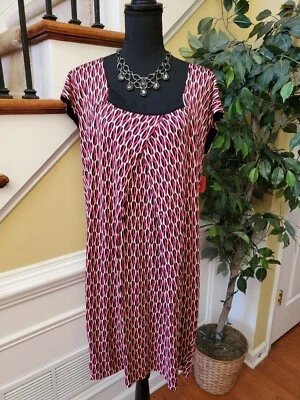 Classiques Entier- Scoop Neck Short Sleeve Soft Shift Dress Red Multi-Color- XL - Image 1 of 4