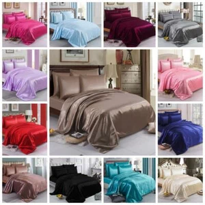 6 PCS SATIN SILK BEDDING SET DUVET COVER FITTED SHEET & 4 PILLOW CASES-All SIZES - Picture 1 of 43