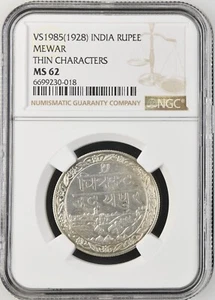 VS1985(1928) INDIA RUPEE MEWAR THIN CHARACTERS - NGC MS 62 - Picture 1 of 2