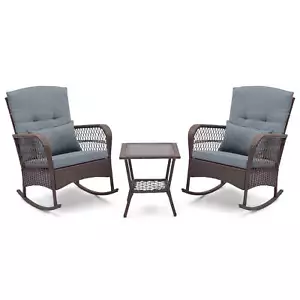 3 PCS Patio Rocker Set Outdoor Wicker Rocking Chairs w/Double-Layer Coffee Table - Picture 1 of 10