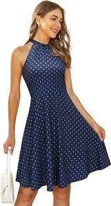 NEW Women's Cotton Sun Dress 2XL Halter Neck Tie Knee Length Modest Flowy Blue - Picture 1 of 11