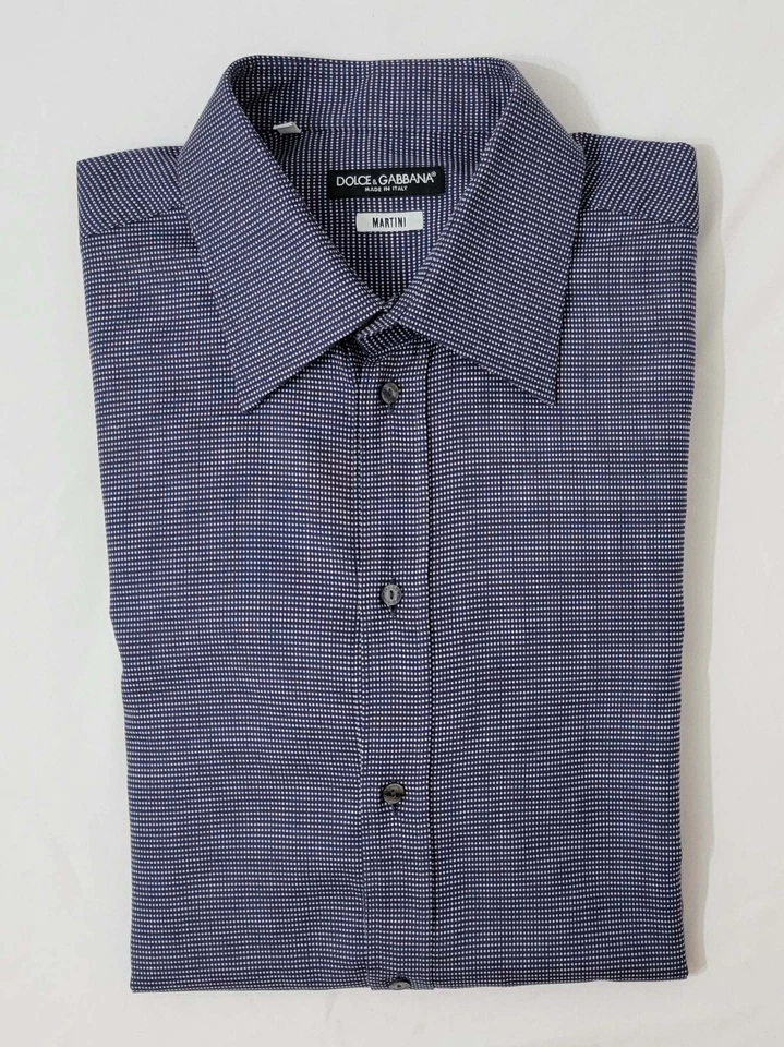 Camisa de algodón Dolce & Gabbana "Martini" - Azul marino con puntos cuadrados blancos - 17US/43IT Foto 1 de 4
