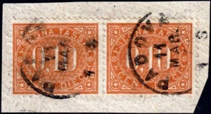 Regno - 1869 - Segnatasse - cent.10 - Sassone n.2 - coppia usata su frammento - Foto 1 di 1