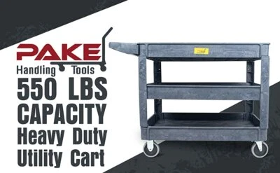 Pake Handling Tools Plastic 3 Shelves Utility Cart 550lbs Capacity 45.5“ x 25.6”