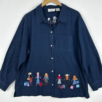 Top para mujer XL hierba limón azul marino bordado compras damas lino abotonado Foto 1 de 4