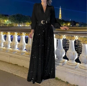 Charming Women's Evening Party Wear Stylish Wide Leg Jumpsuit with Sequins NO... - Picture 1 of 6