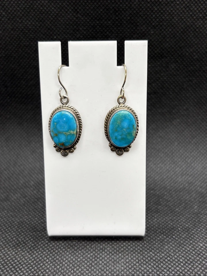 Native American-style sterling silver dangle earrings oval turquoise gemstones - Image 1 of 4