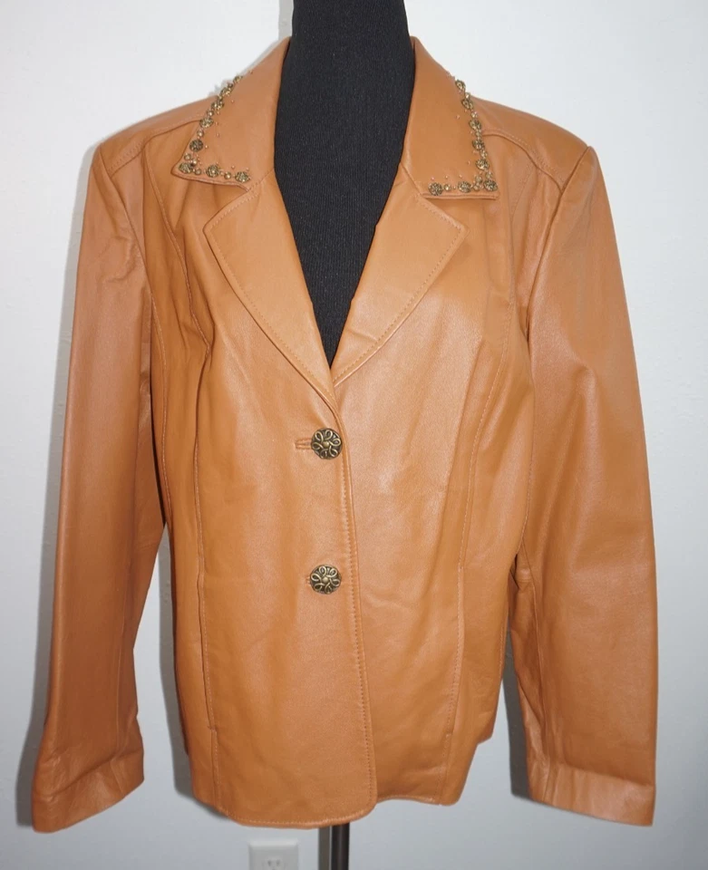 Chaqueta Blazer Traje Abrigo Mujer Pamela McCoy Marrón Cuero Talla L Color Cuentas Foto 1 de 4