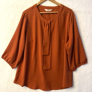 Agnes Orinda Women's Blouse Rust Tie Front 3/4 Sleeve Chiffon Plus Sz 2X Career - Picture 1 of 19