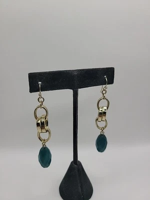 Vintage Earrings Pierced Hooks Gold Tone Teal Green Faceted Jewelry Costume - Image 1 of 4