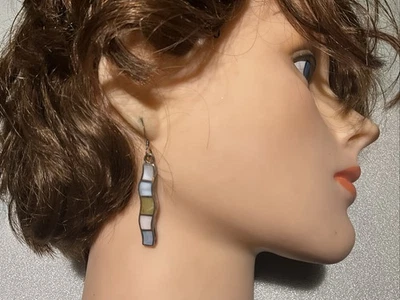 Sterling Silver MOTHER OF PEARL INLAY MOSAIC  Dangle-Drop Earrings - Image 1 of 4
